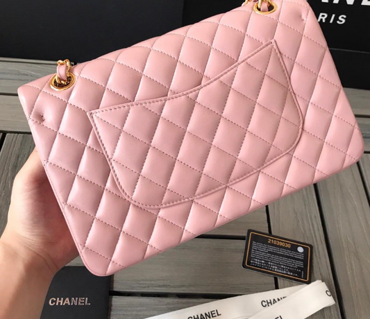 👜 Sac Channel Veau grainé brillant & métal doré  Rose clair
