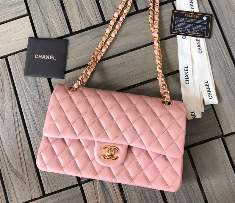 👜 Sac Channel Veau grainé brillant & métal doré  Rose clair