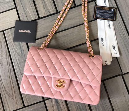 👜 Sac Channel Veau grainé brillant & métal doré  Rose clair