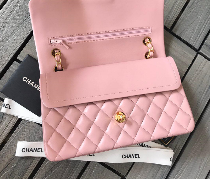 👜 Sac Channel Veau grainé brillant & métal doré  Rose clair