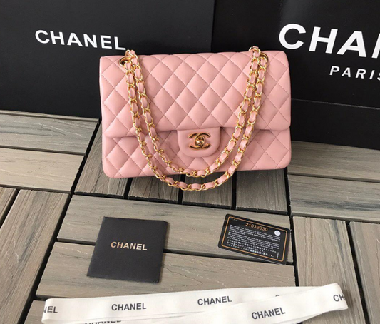 👜 Sac Channel Veau grainé brillant & métal doré  Rose clair